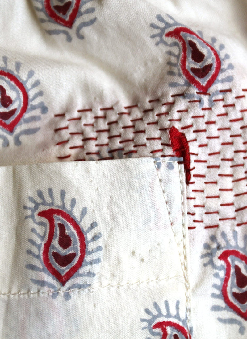 Renewed Paisley Block Print Cotton Pyjamas Size XS | Off White/Pink