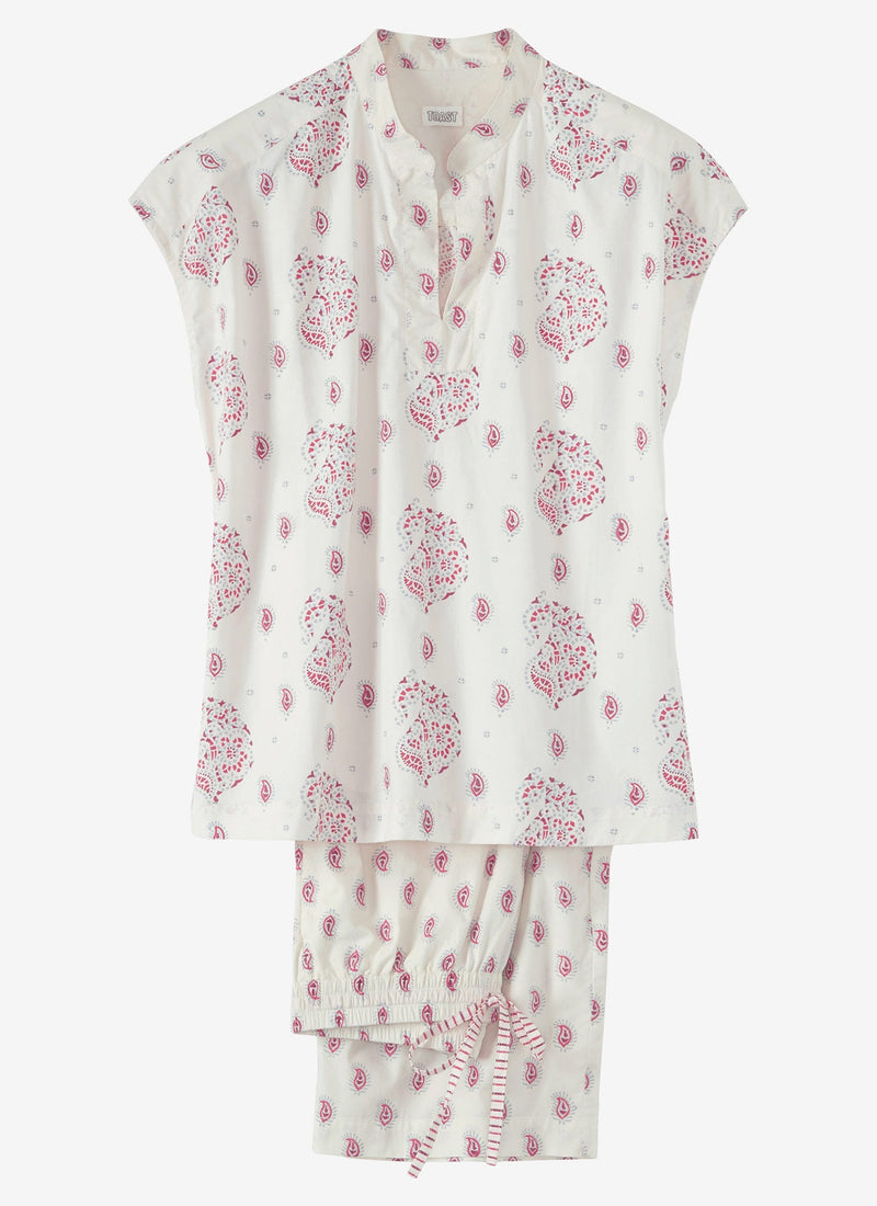 Renewed Paisley Block Print Cotton Pyjamas Size XS | Off White/Pink
