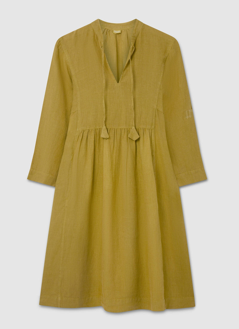 Renewed Tie Neck Garment Dyed Linen Dress Size S | Citrus Green