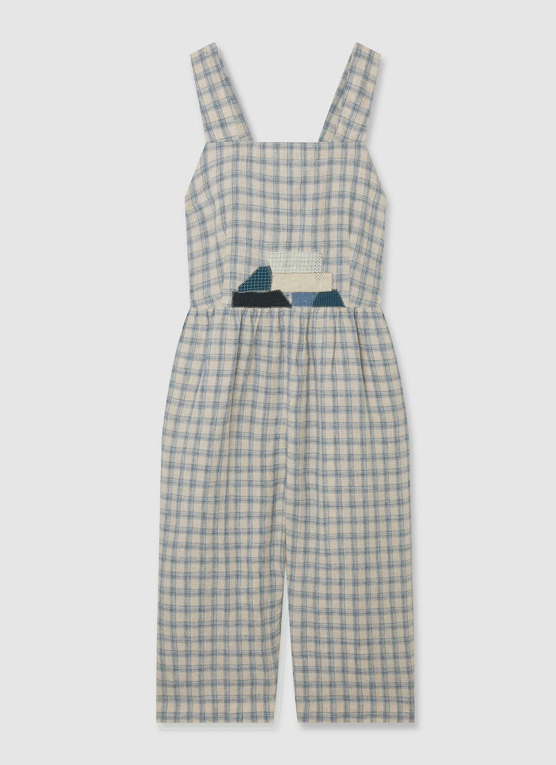 Renewed Gingham Linen Jumpsuit Size L | Blue/Sand