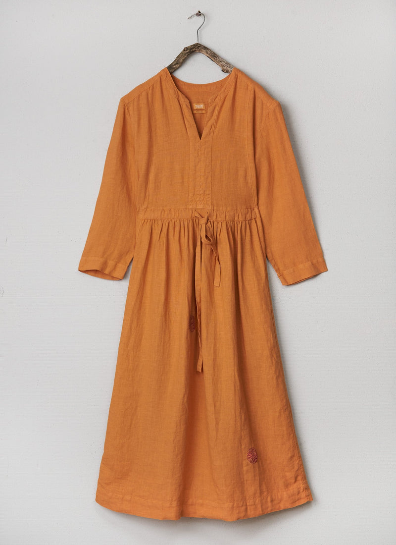 Renewed Gathered Garment Dyed Linen Dress S (003) | Apricot
