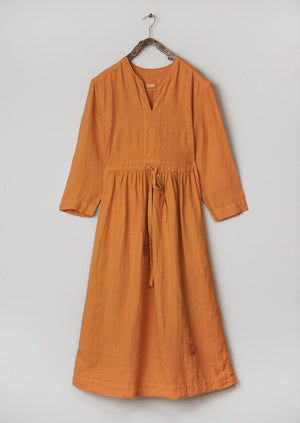 Renewed Gathered Garment Dyed Linen Dress S (003) | Apricot