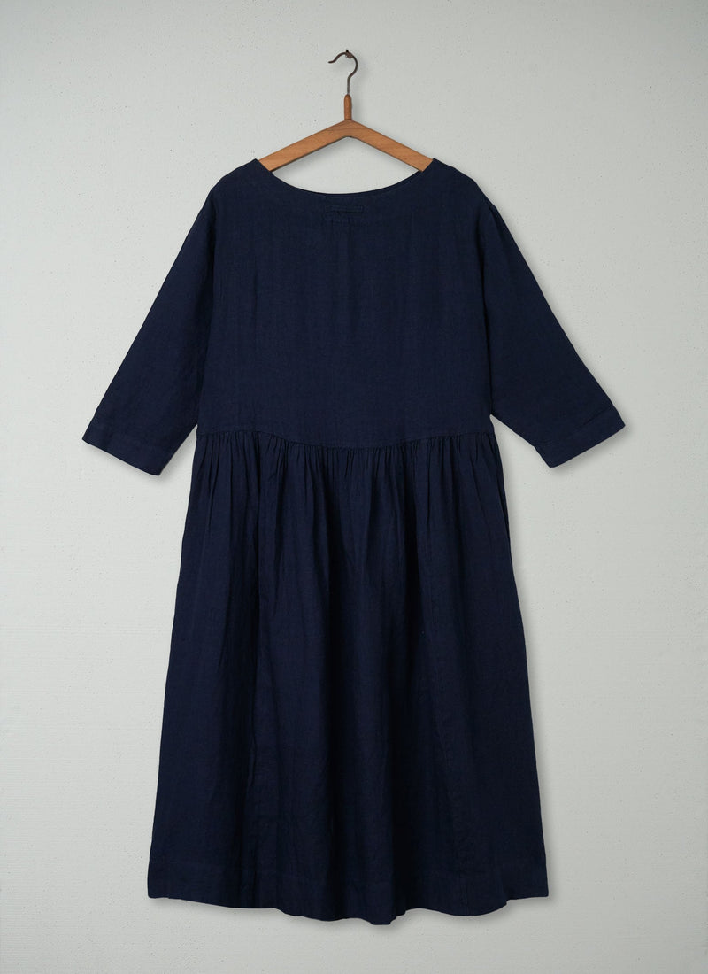 Renewed Boat Neck Garment Dyed Linen Dress Size S (93) | Midnight