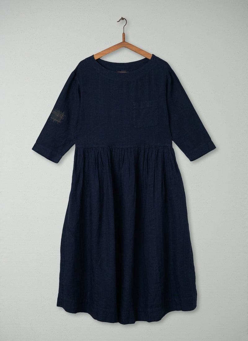 Renewed Boat Neck Garment Dyed Linen Dress Size S (93) | Midnight