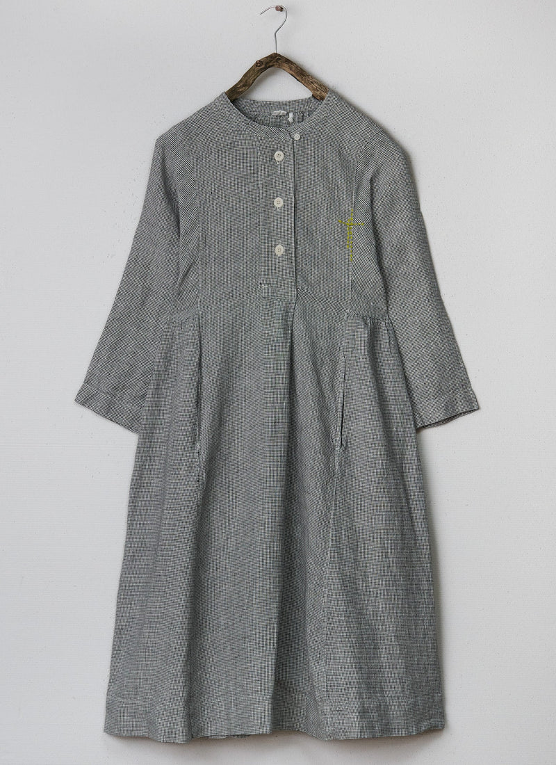 Renewed Space Check Linen Shirt Dress Size S (083) | Chalk/Slate
