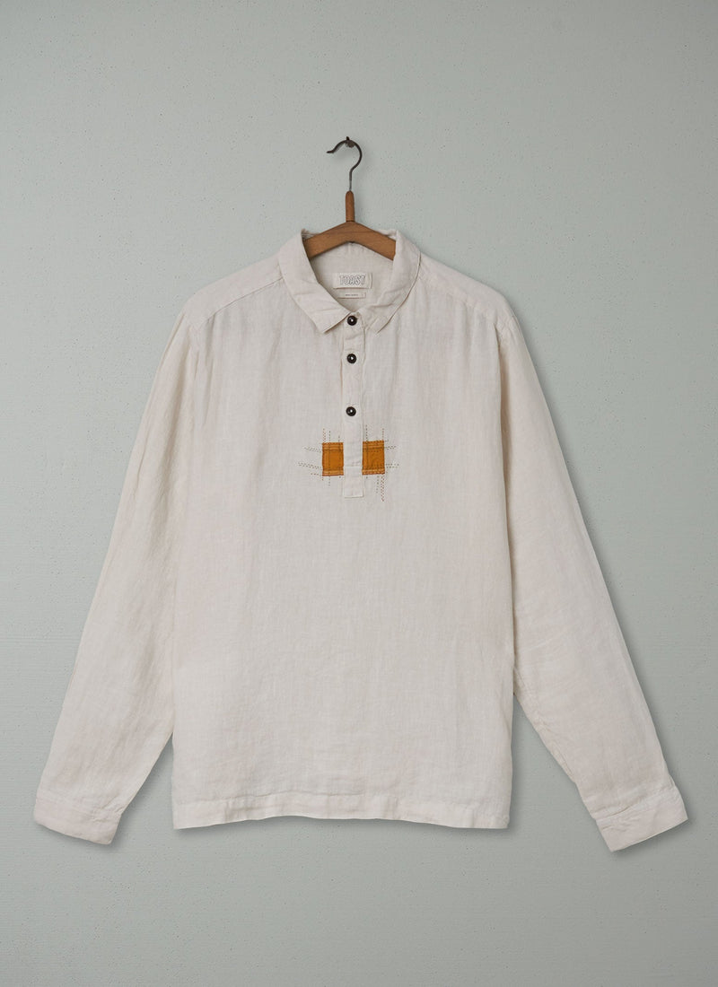 Renewed Mens Half Placket Linen Shirt Size M (003) | Parchment