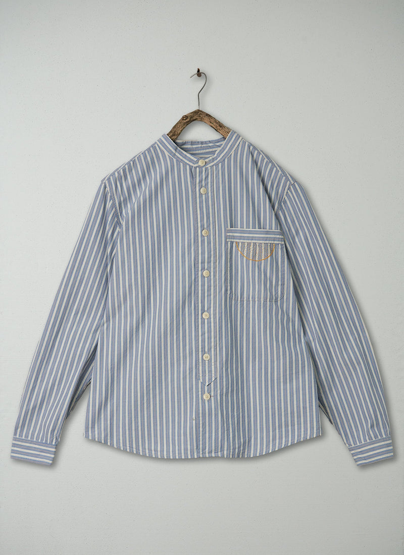 Renewed Jasper Stripe Organic Crinkle Cotton Shirt Size L (03) | Woad
