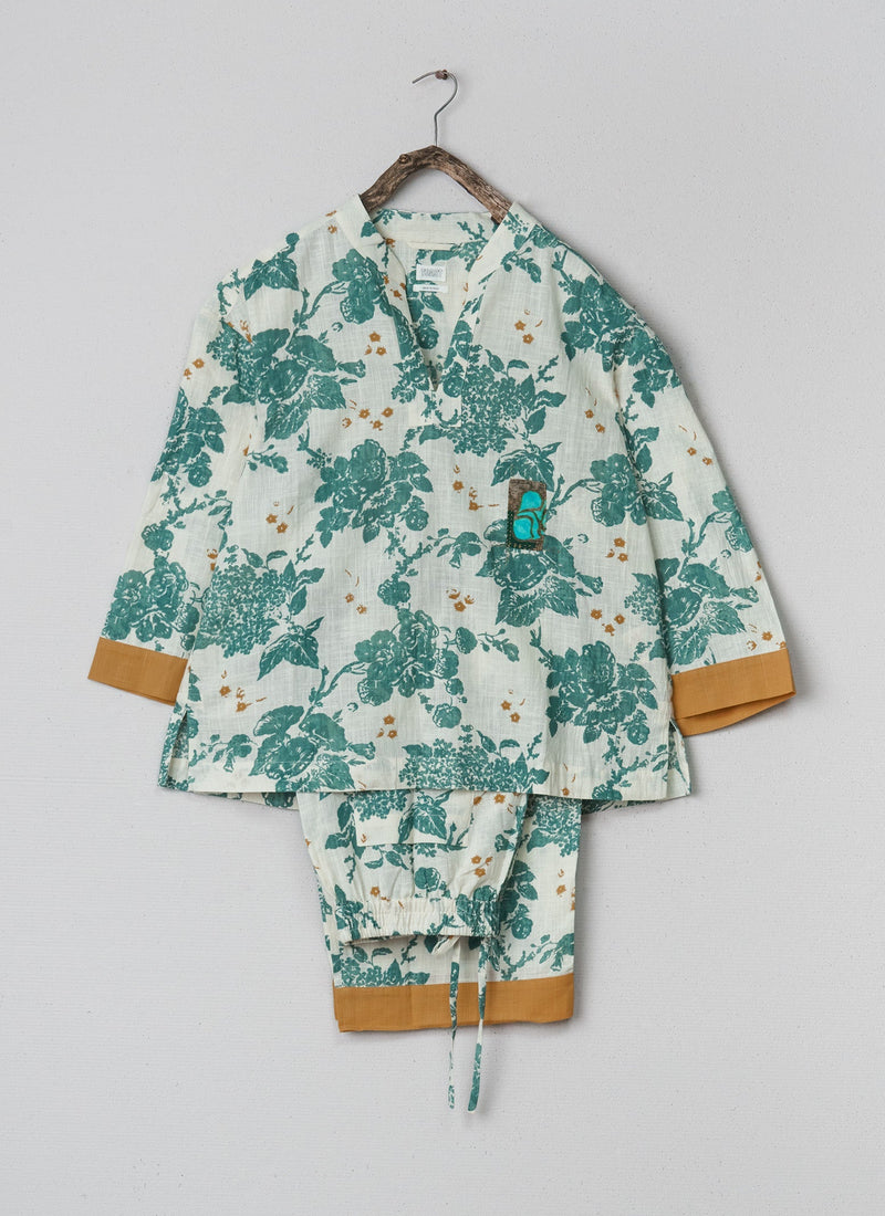 Renewed Cluster Print PJs Size S (003) | Ecru/Dusted Turquoise