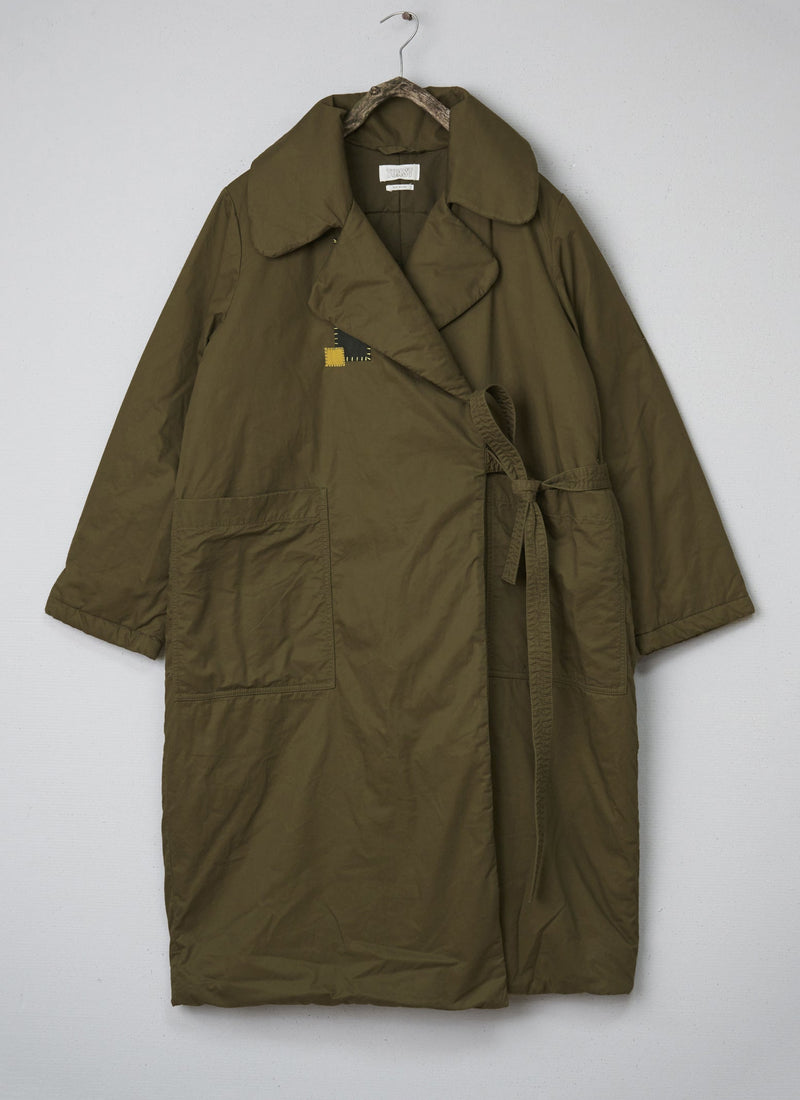 Renewed Quilted Cotton Twill Overcoat Size S (005) | Brown Khaki