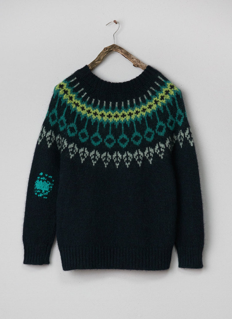 Renewed Alpaca Yoke Sweater size M (009) | Green Multi