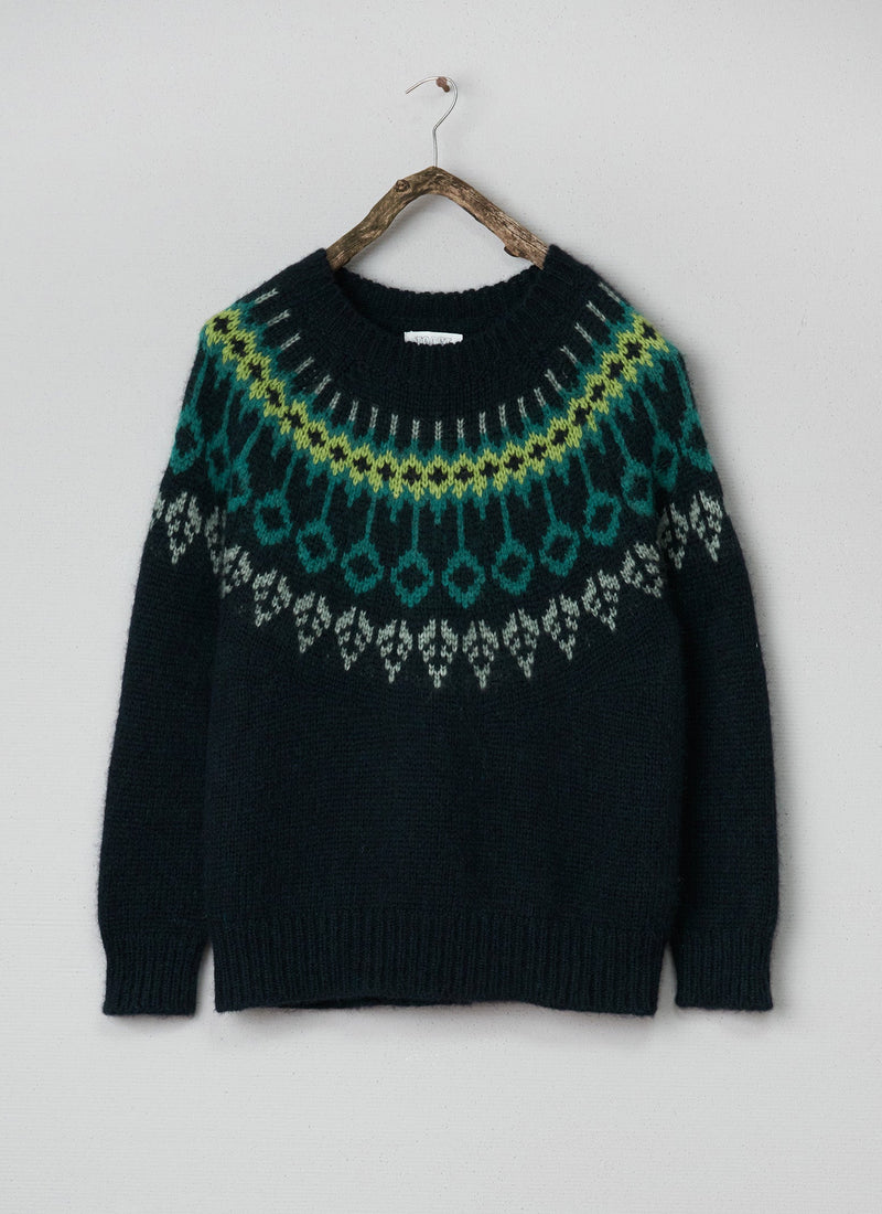 Renewed Alpaca Yoke Sweater size M (009) | Green Multi