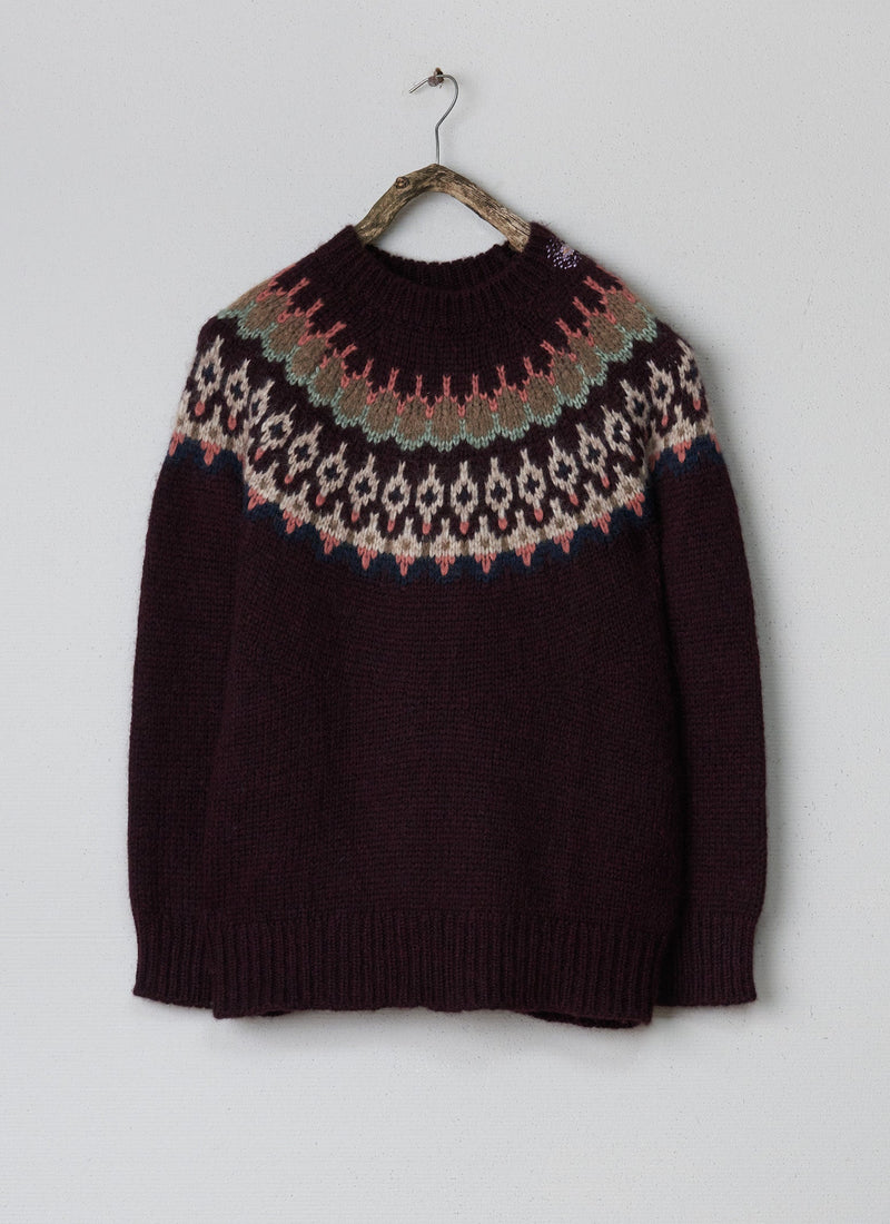 Renewed Lofty Jaquard Yoke Sweater Size S (118) | Plum Multi