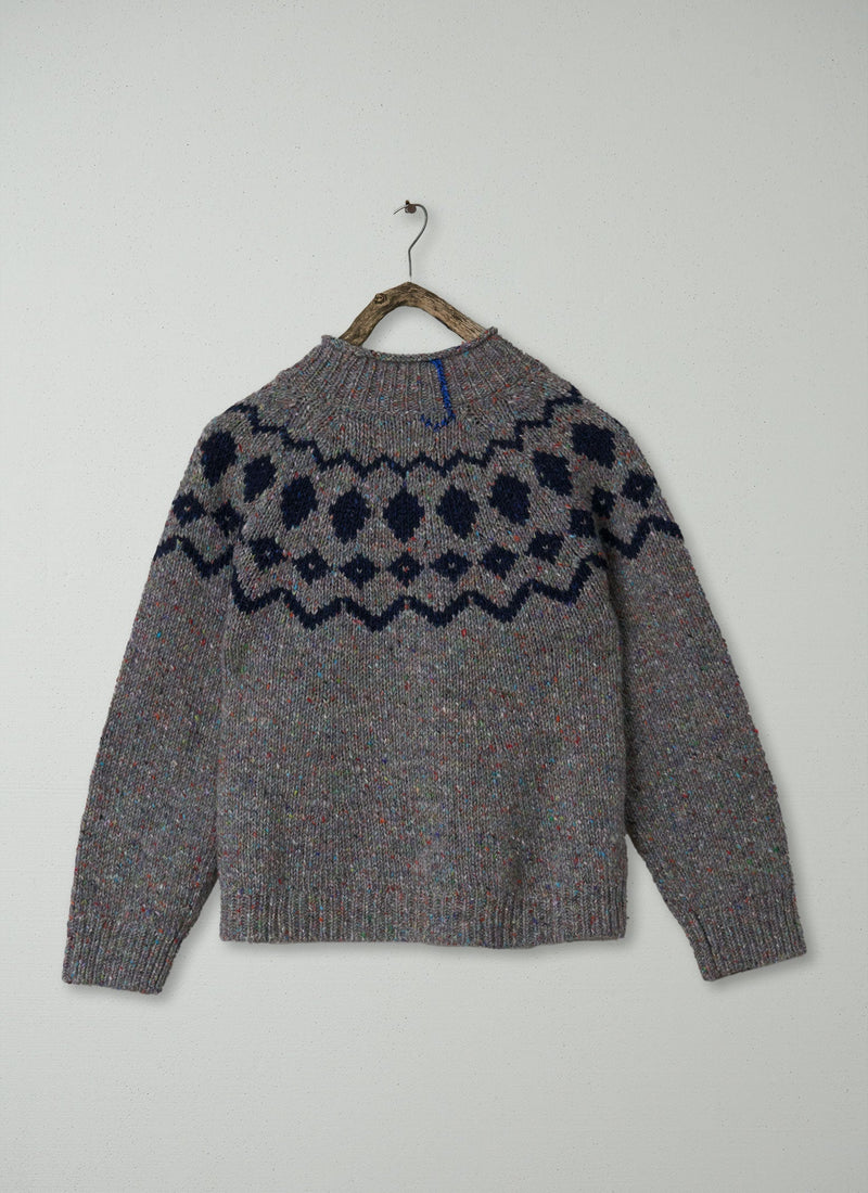 Renewed Graphic Yoke Donegal Sweater Size M (135) | Fossil Grey/Navy