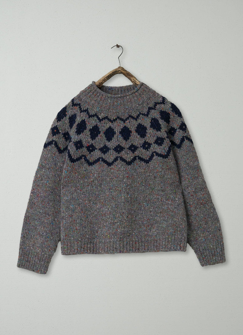Renewed Graphic Yoke Donegal Sweater Size M (135) | Fossil Grey/Navy
