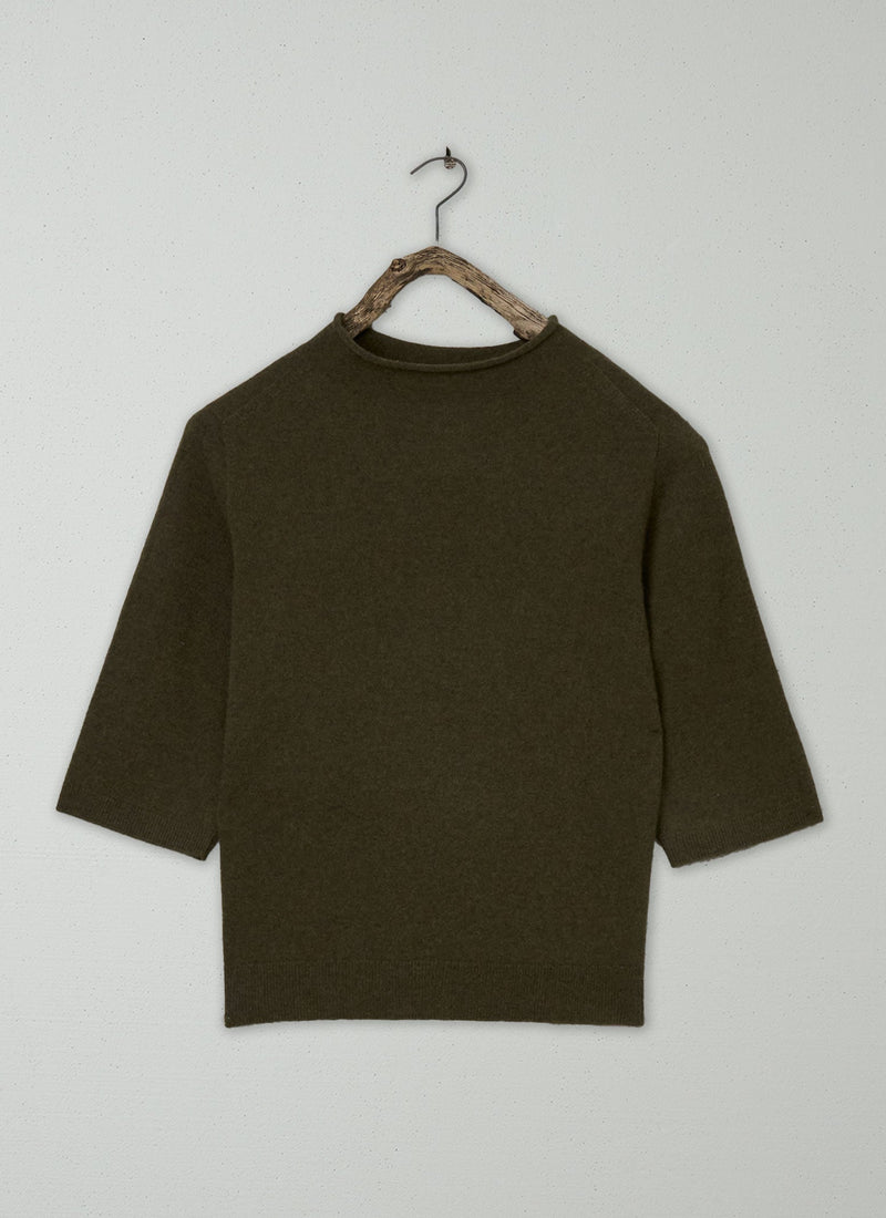 Fine Wool Cashmere Half Sleeve Sweater Size M (10) | Olive Melange
