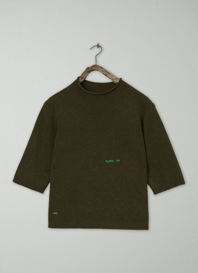 Fine Wool Cashmere Half Sleeve Sweater Size M (10) | Olive Melange
