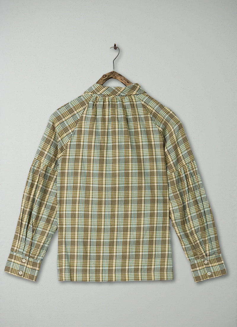 Renewed Tie Neck Check Cotton Shirt Size 8 (53) | Rich Olive
