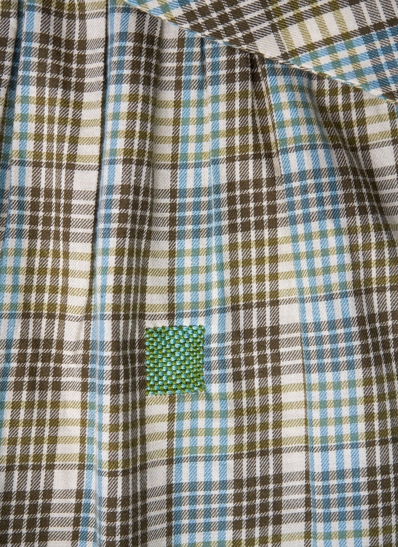 Renewed Tie Neck Check Cotton Shirt Size 8 (53) | Rich Olive