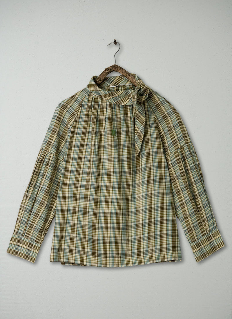 Renewed Tie Neck Check Cotton Shirt Size 8 (53) | Rich Olive