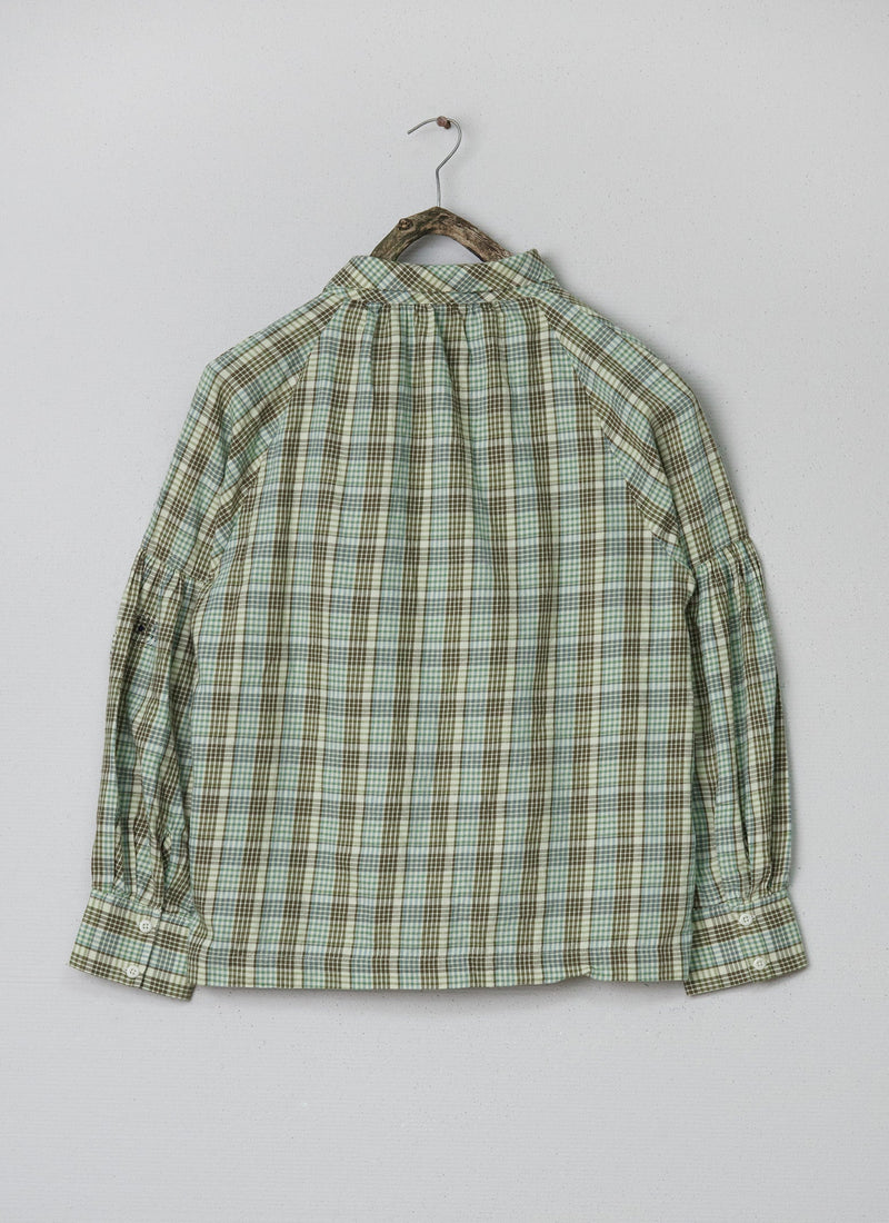 Renewed Tie Neck Check Cotton Shirt Size 12 (042) | Rich Olive
