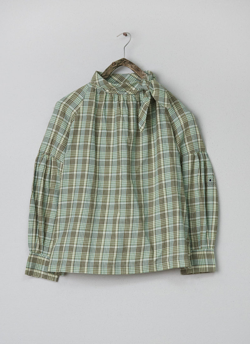 Renewed Tie Neck Check Cotton Shirt Size 12 (042) | Rich Olive