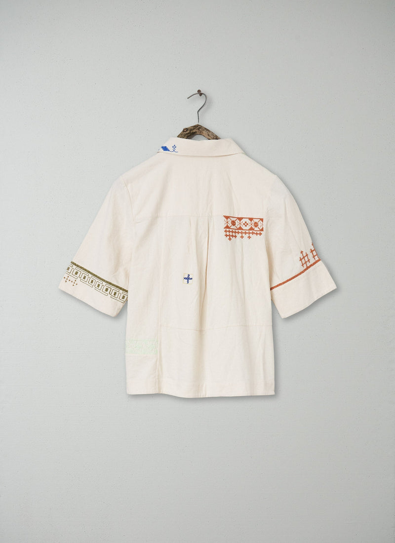 Renewed Embroidered Patchwork Cotton Shirt Size 10 (131) | Ecru