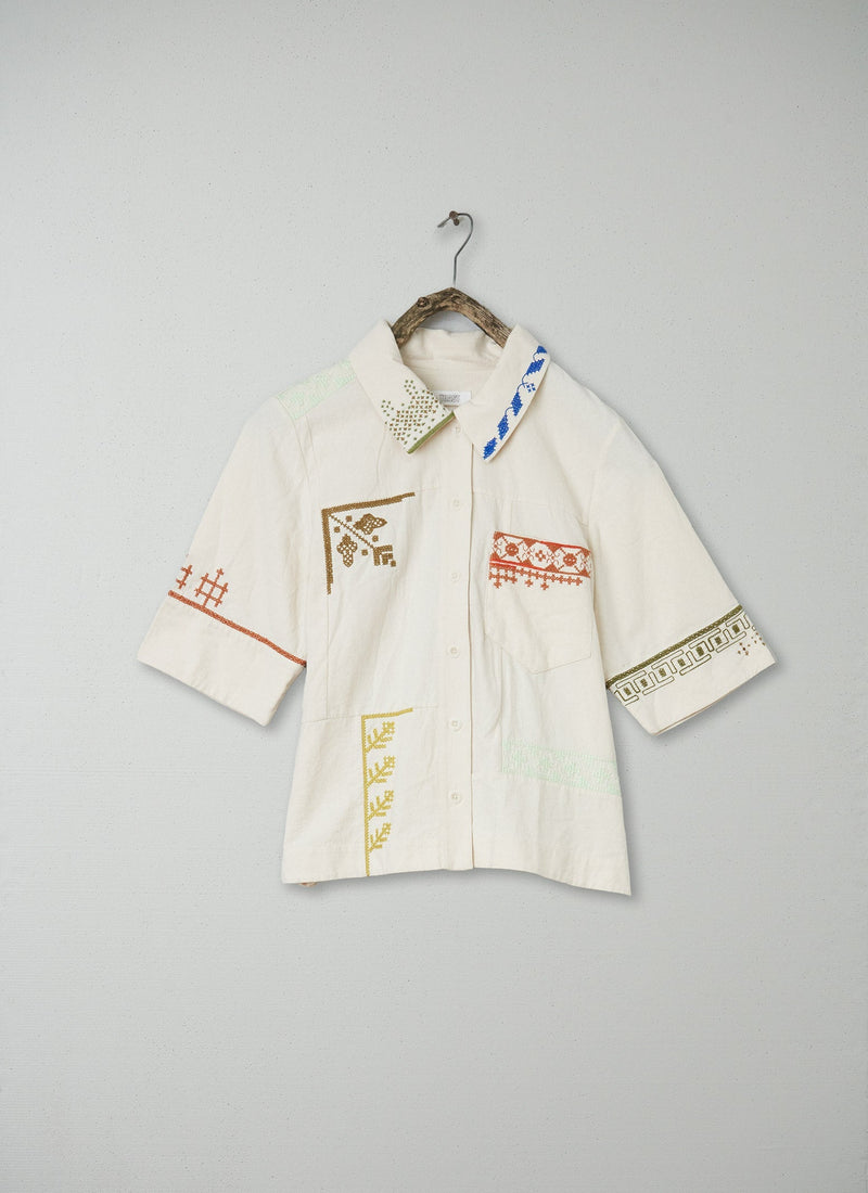 Renewed Embroidered Patchwork Cotton Shirt Size 10 (131) | Ecru
