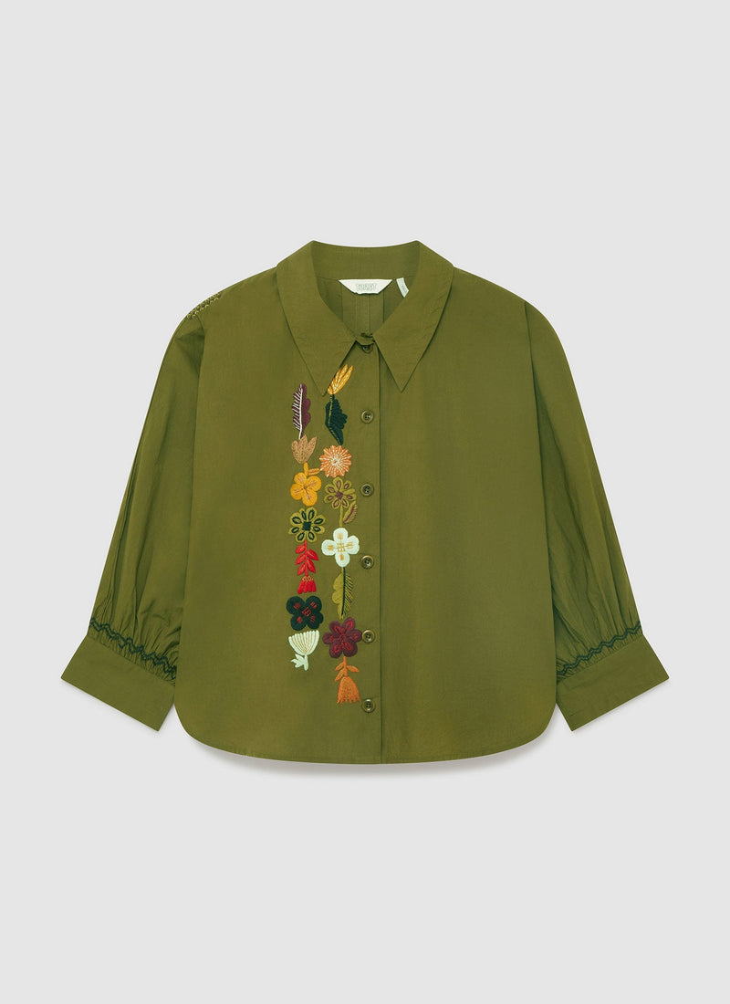 Renewed Oversized Embroidered Poplin Shirt Size S | Rich Olive