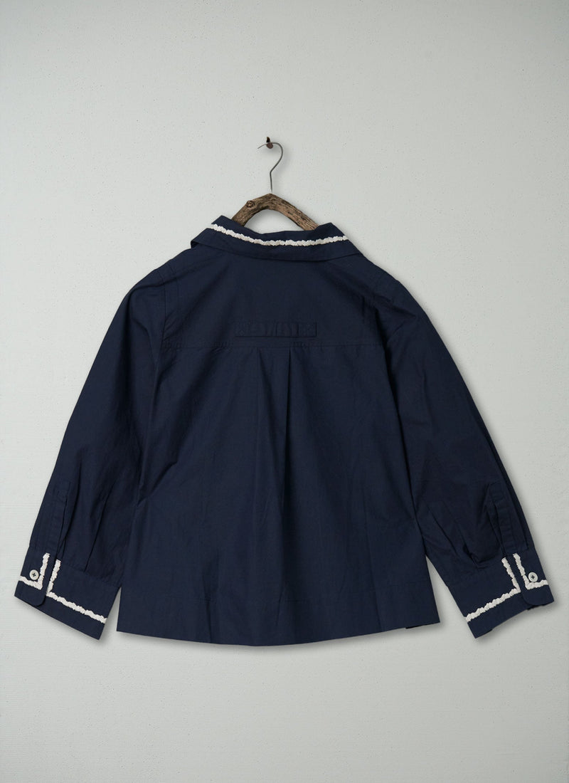 Renewed Rope Embroidered Cotton Poplin Shirt Size S (52) | Dark Navy/Pale Stone