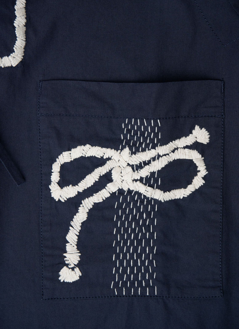 Renewed Rope Embroidered Cotton Poplin Shirt Size S (52) | Dark Navy/Pale Stone
