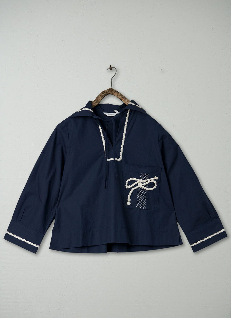 Renewed Rope Embroidered Cotton Poplin Shirt Size S (52) | Dark Navy/Pale Stone