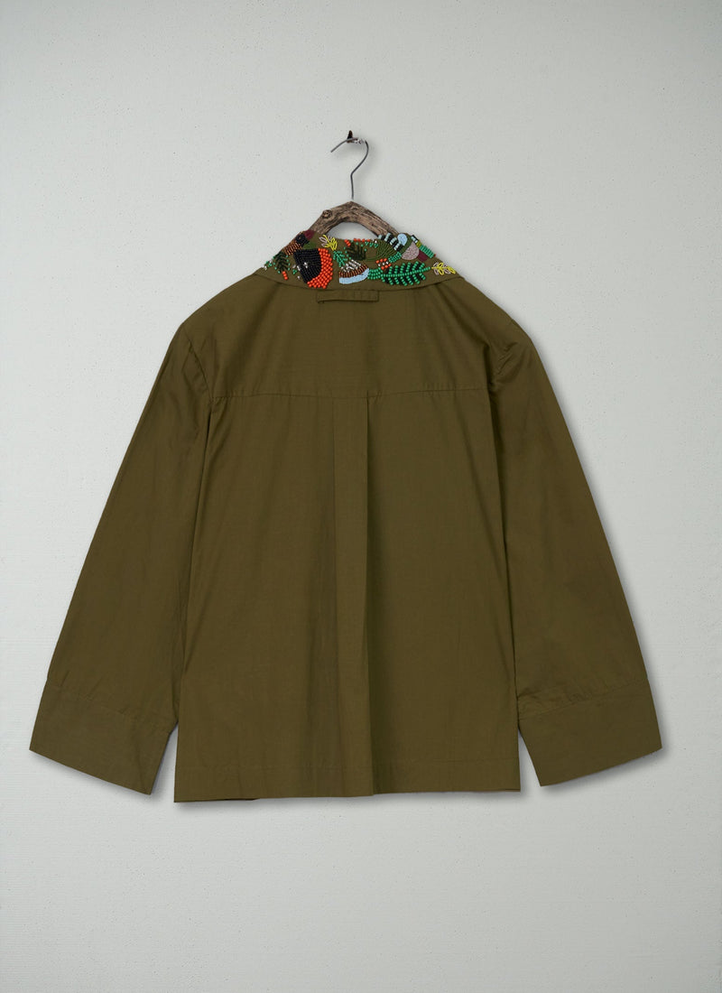 Renewed Hand Beaded Poplin PJ Shirt Size 18 (57) | Rich Olive