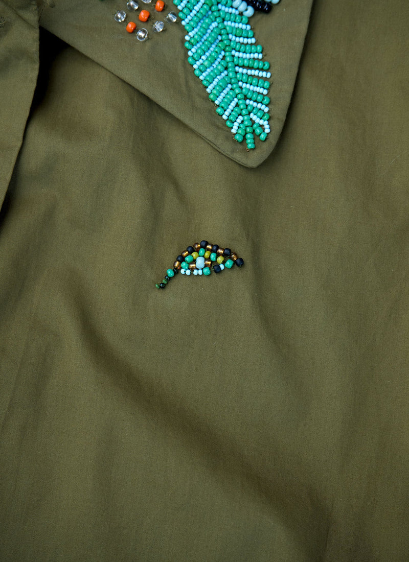 Renewed Hand Beaded Poplin PJ Shirt Size 18 (57) | Rich Olive