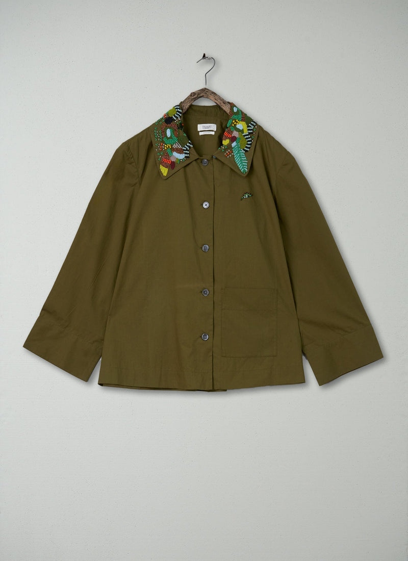Renewed Hand Beaded Poplin PJ Shirt Size 18 (57) | Rich Olive