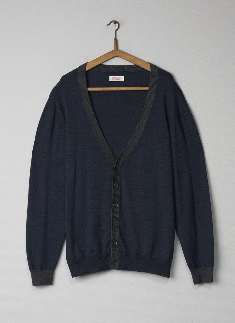 Reworn Mens Merino Cardigan Size L (001) | Blue/Grey