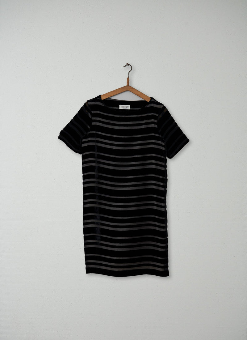 Reworn Velvet Stripe Dress Size 10 (142) | Black