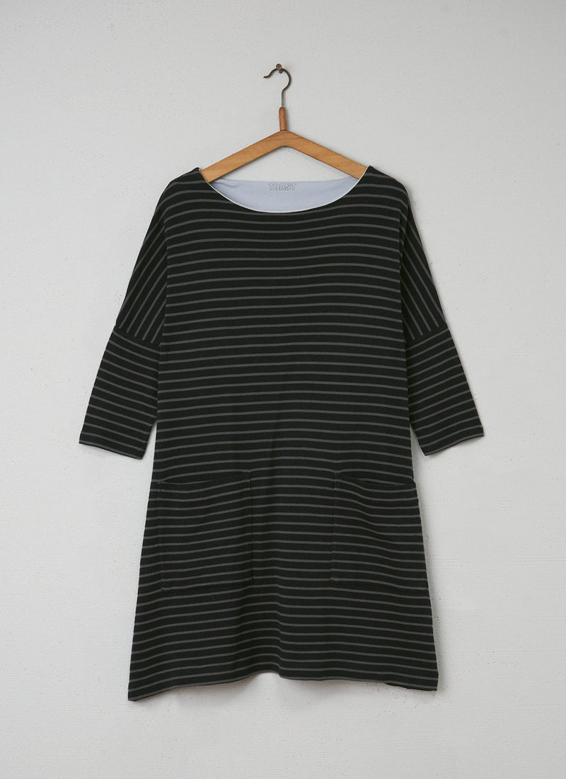 Reworn Breton Stripe Dress Size 12 (034) | Black/Fog