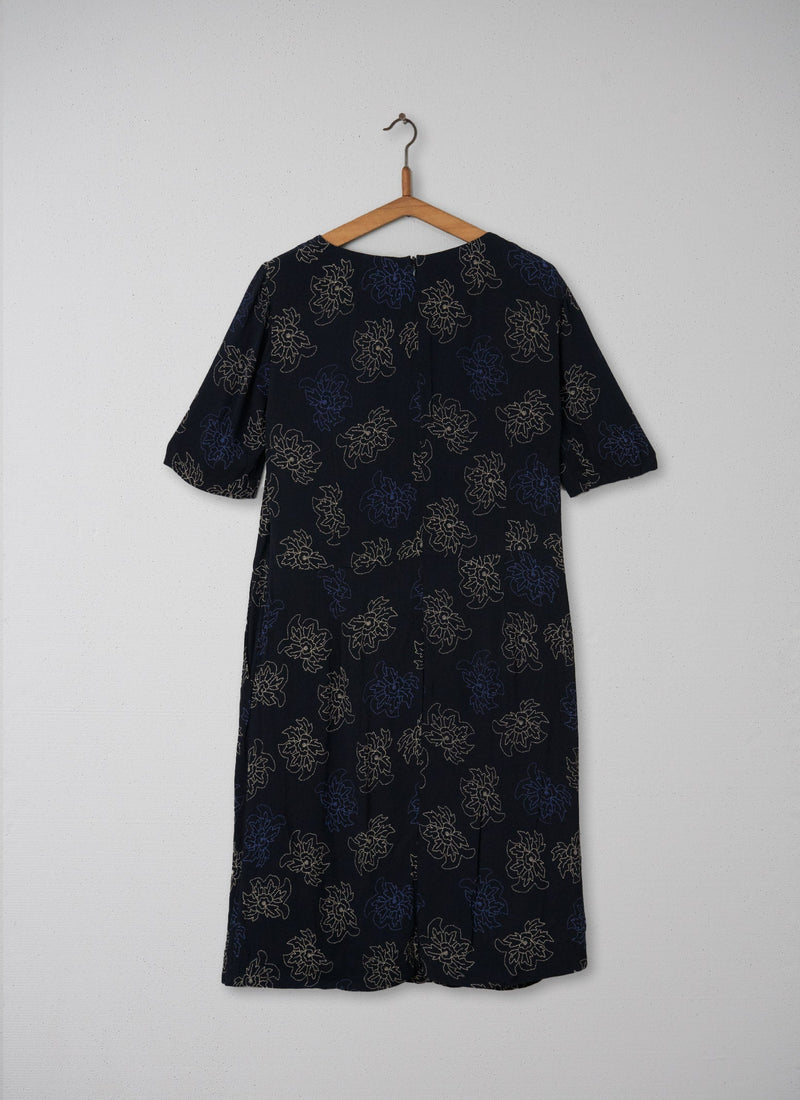 Reworn Dotted Flower Dress Size 14 (111) | Navy