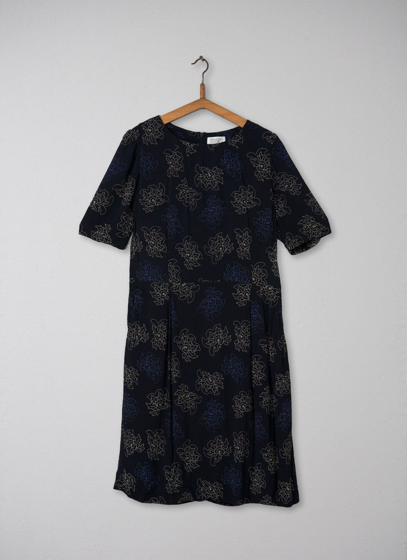Reworn Dotted Flower Dress Size 14 (111) | Navy