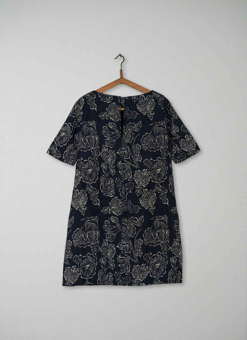Reworn Batik Print Dress Size 10 (118) | Indigo/Off White
