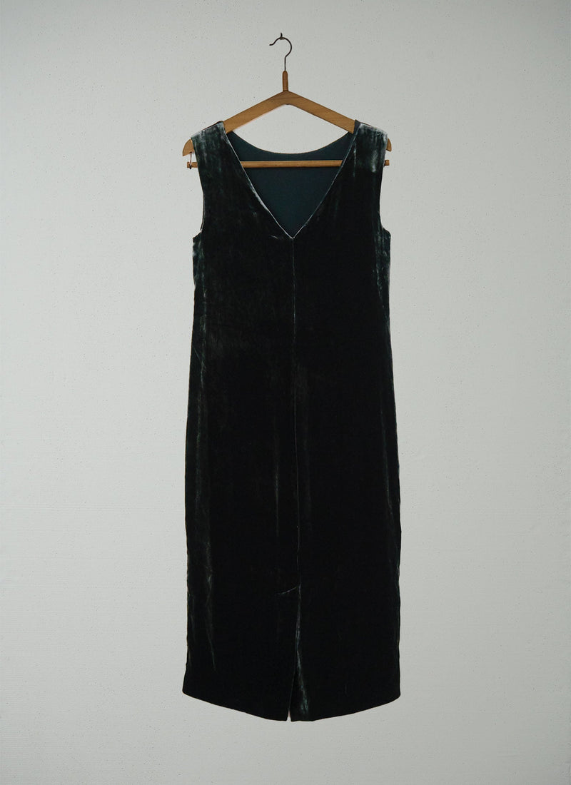 Reworn Silk Velvet V Back  Dress Size 10 (1341) | Green Black