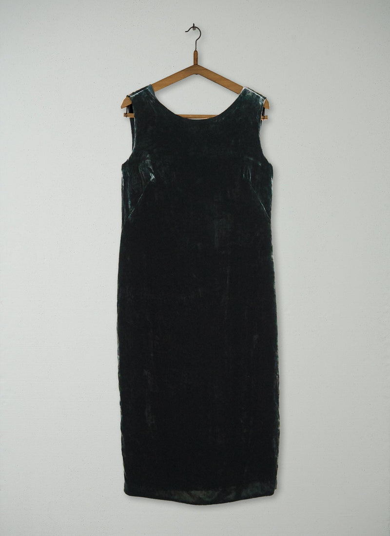 Reworn Silk Velvet V Back  Dress Size 10 (1341) | Green Black