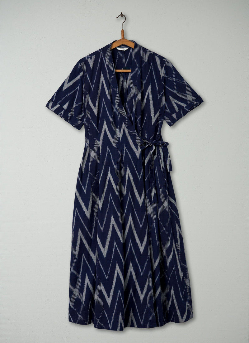 Reworn Ikat Wrap Dress Size 14 (399) | Blue
