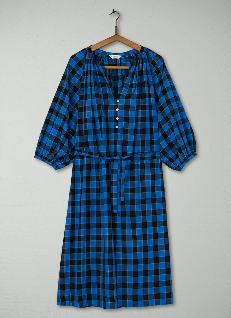 Reworn Check Cotton Dress Size M (489) | Bright Blue