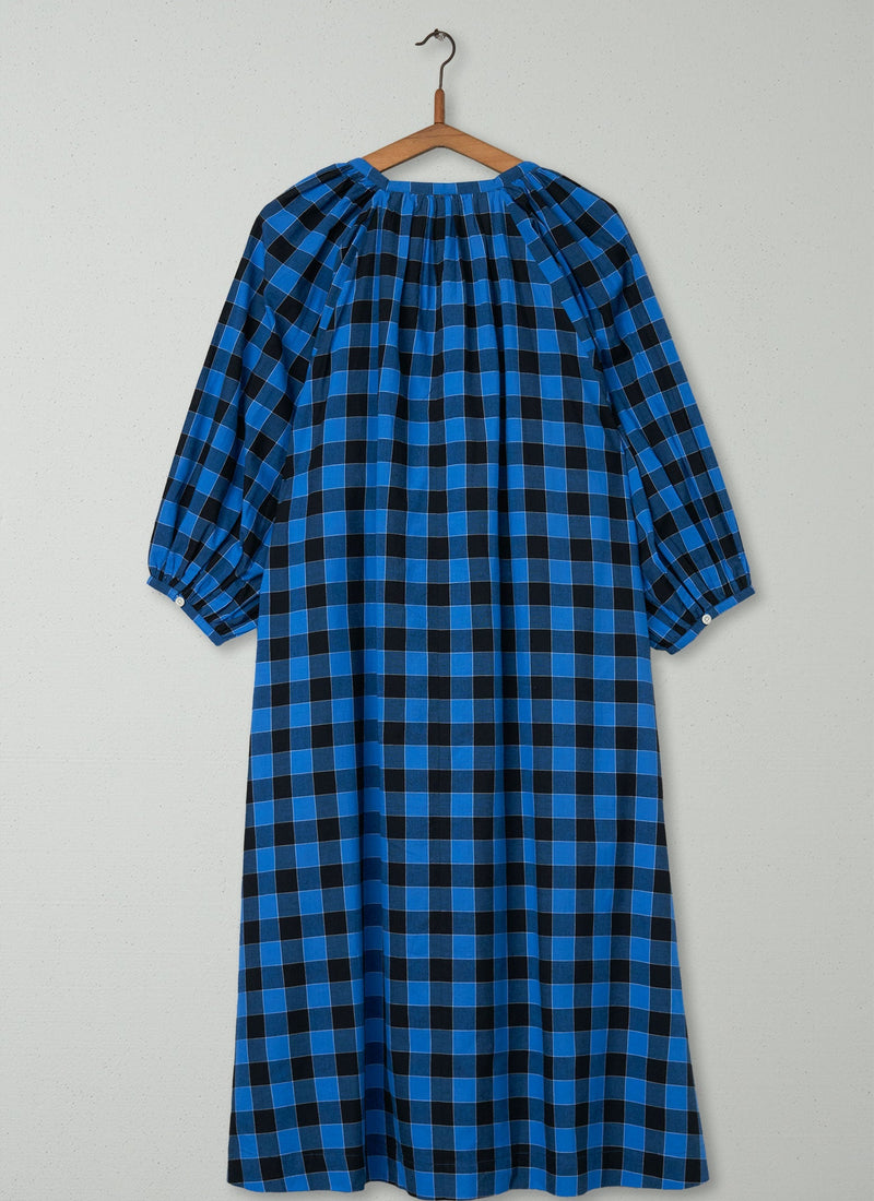 Reworn Check Cotton Dress Size M (518) | Bright Blue