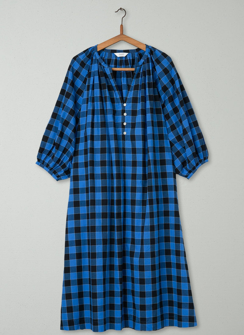 Reworn Check Cotton Dress Size M (518) | Bright Blue
