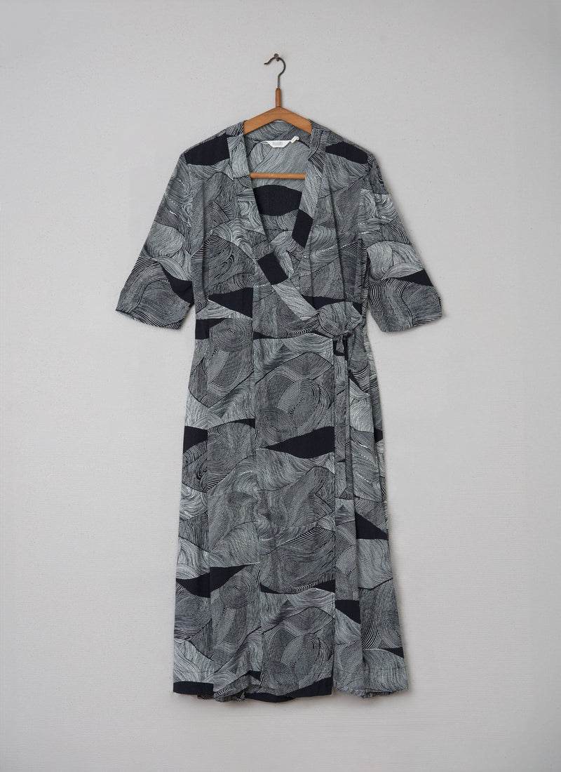 Reworn Wave Print Wrap Dress Size 10 (083) | Carbon