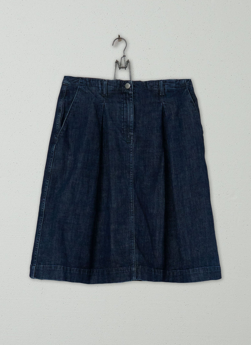 Reworn Stretch Denim Pleat Front Skirt Size 10 (181) | Indigo