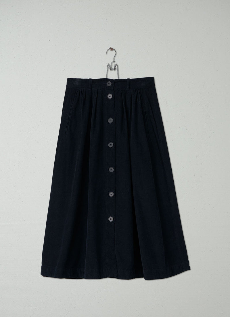 Reworn Needlecord Button Front Skirt Size 10 (082) | Dark Navy