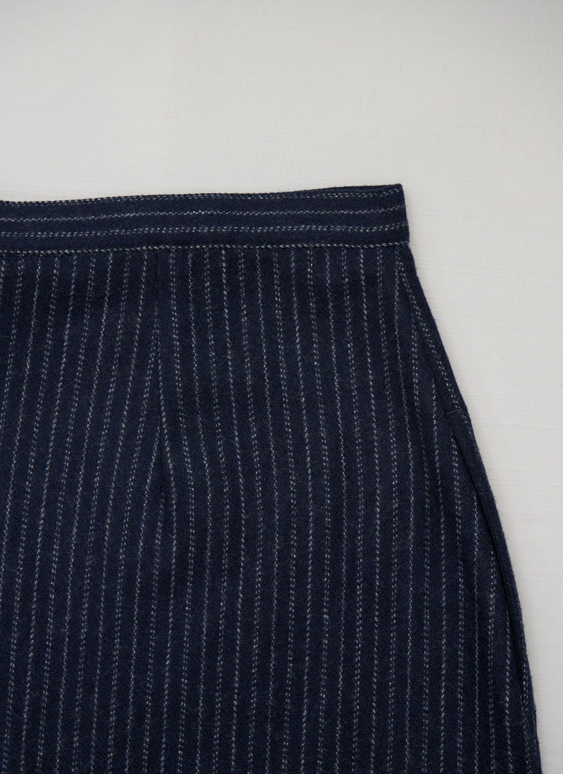 Reworn Wool Cashmere Stripe Skirt Size 16 (303) | Dark Navy
